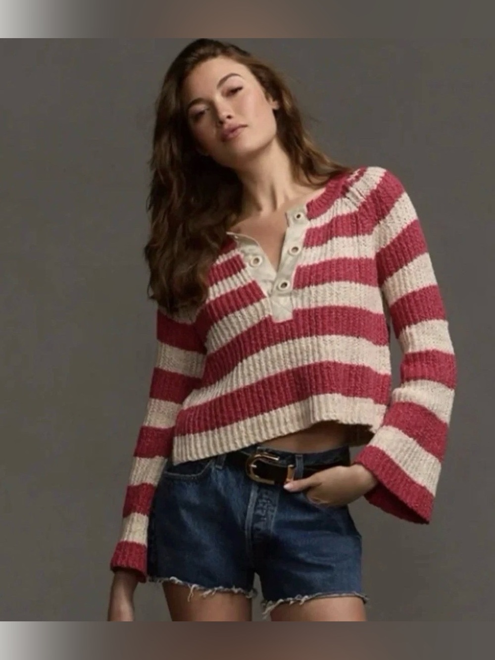 PILCRO Anthropologie Bell-Sleeve Striped Henley Cropped Chunky Knit Sweater-M